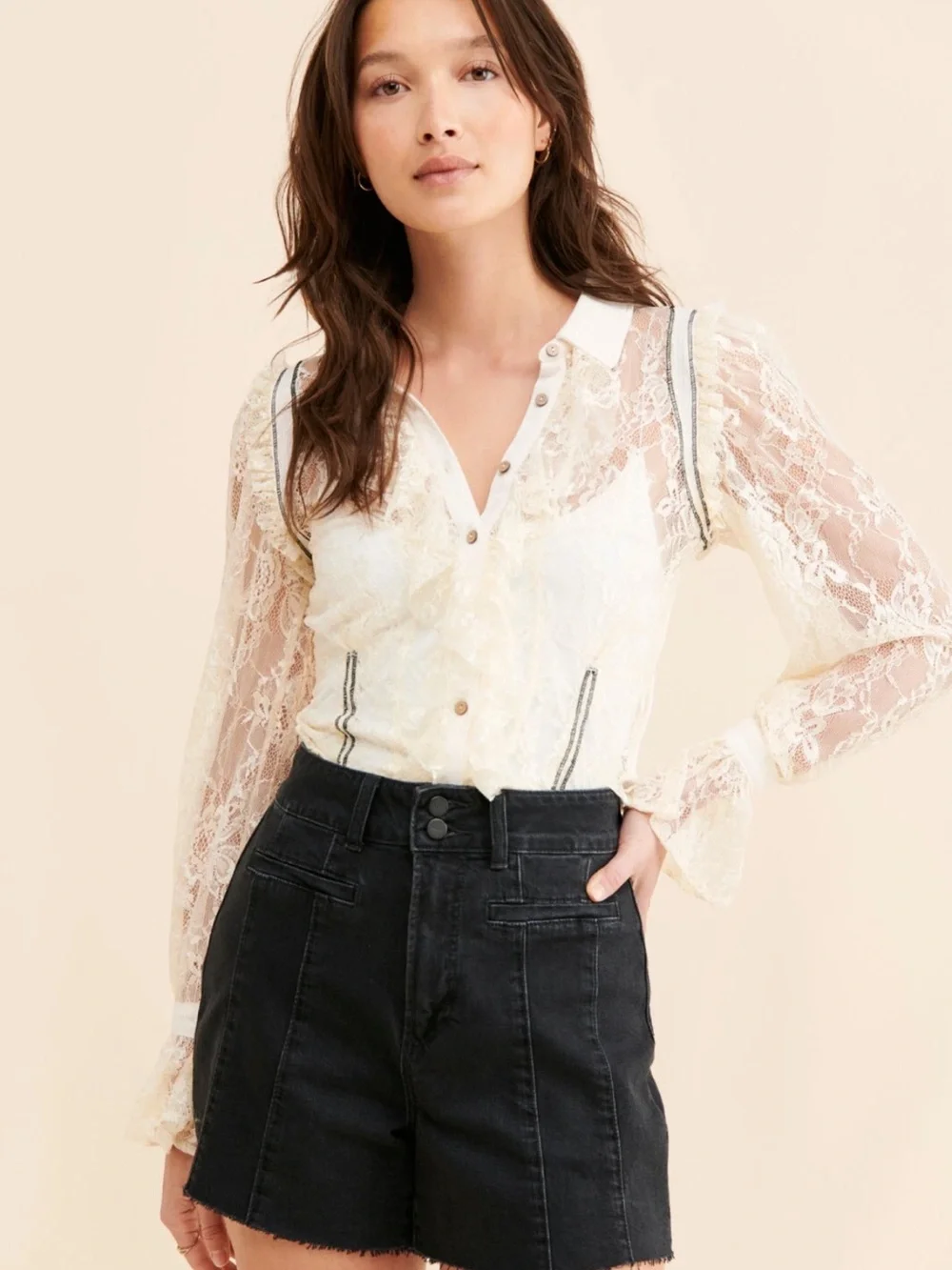 Free People Sheer Lace Button-Down Blouse in Cream